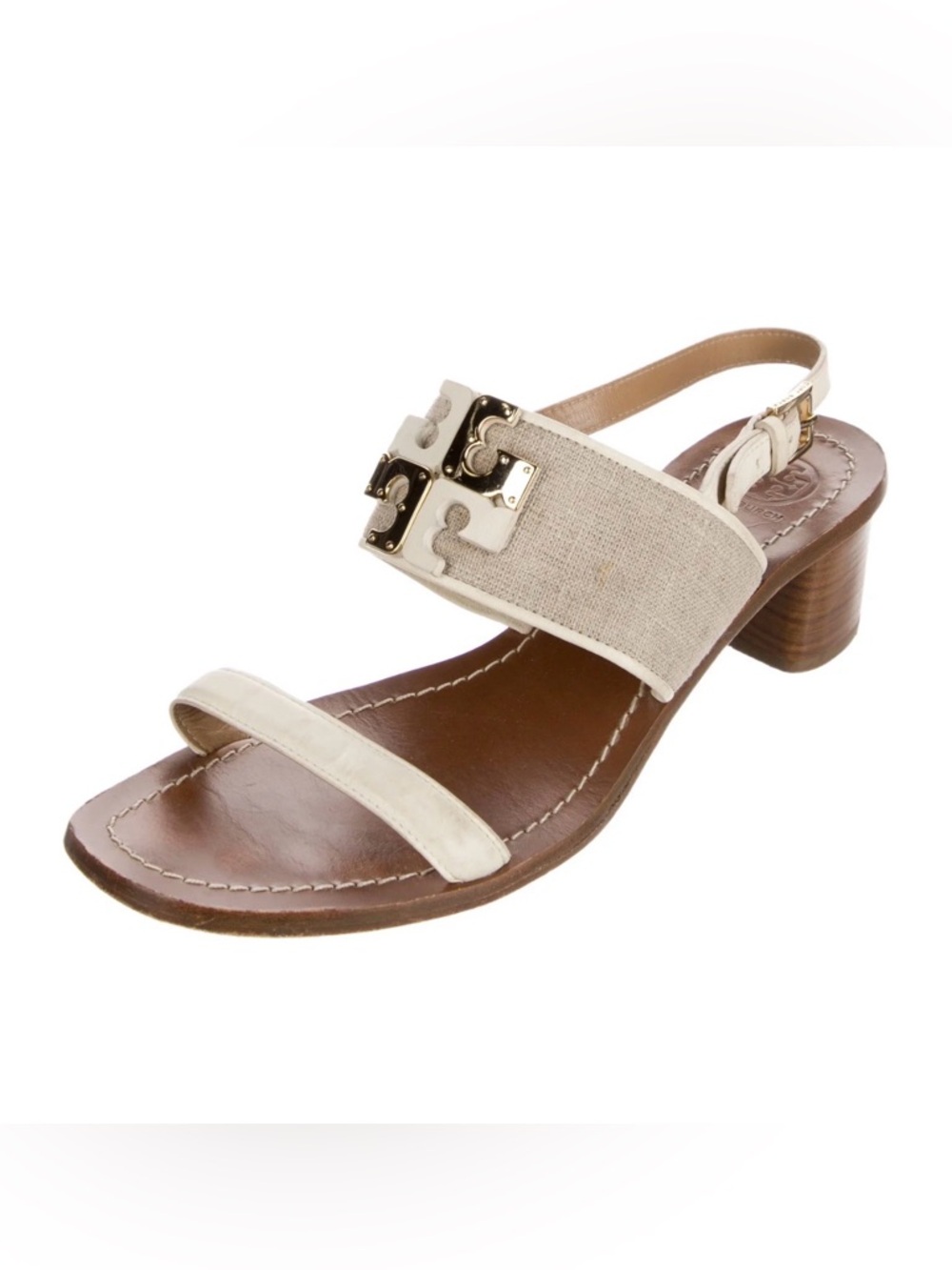 Tory Burch Lowell Logo City Heeled Sandal in Natural/Ivory 9M